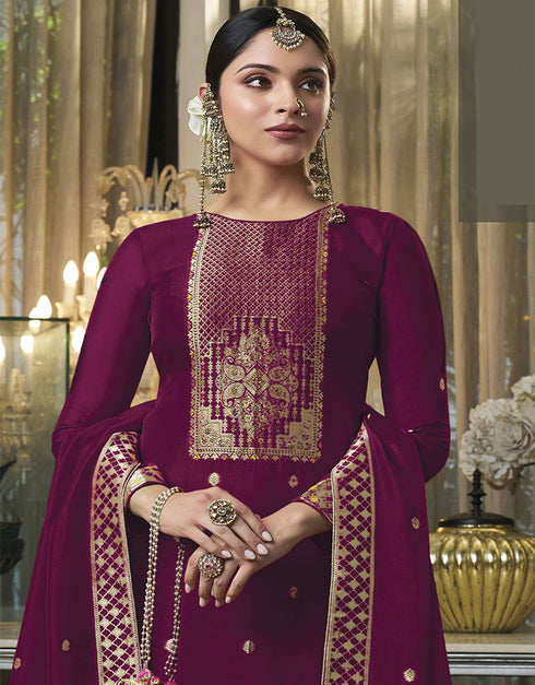 Trendy Traditional Party Wear Salwar Suit Purple Viscose Silk Pant Straight Close-up View